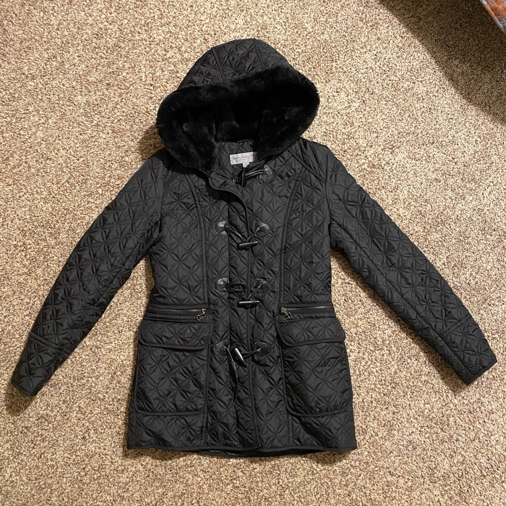 Andrew Marc New York Quilted Black Winter Coat Size Small with Faux Fur Hood